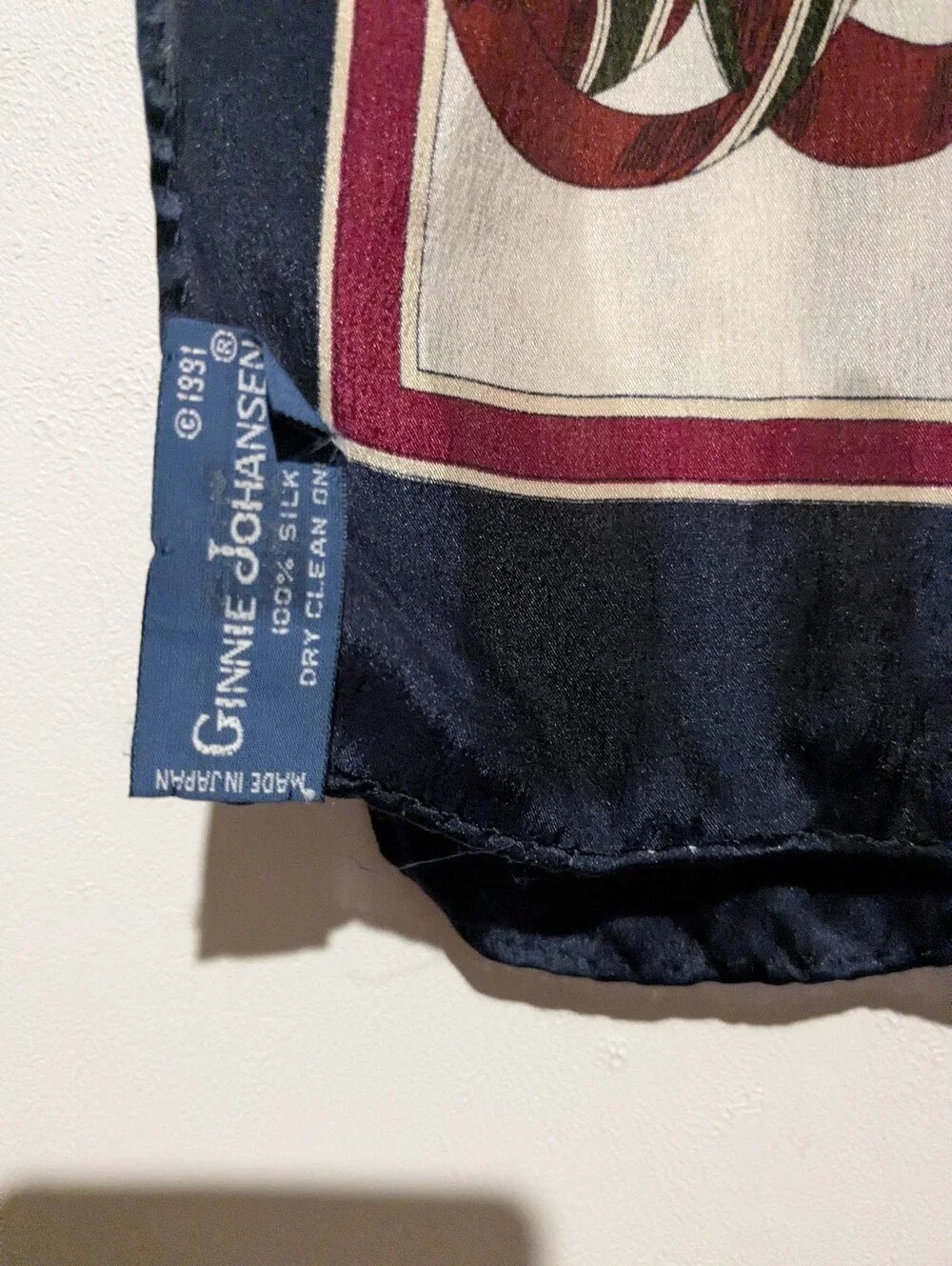 Vintage Ginnie Johansen Blue Maroon Red Cream Silk Rectangle Scarf 11 X 62 In